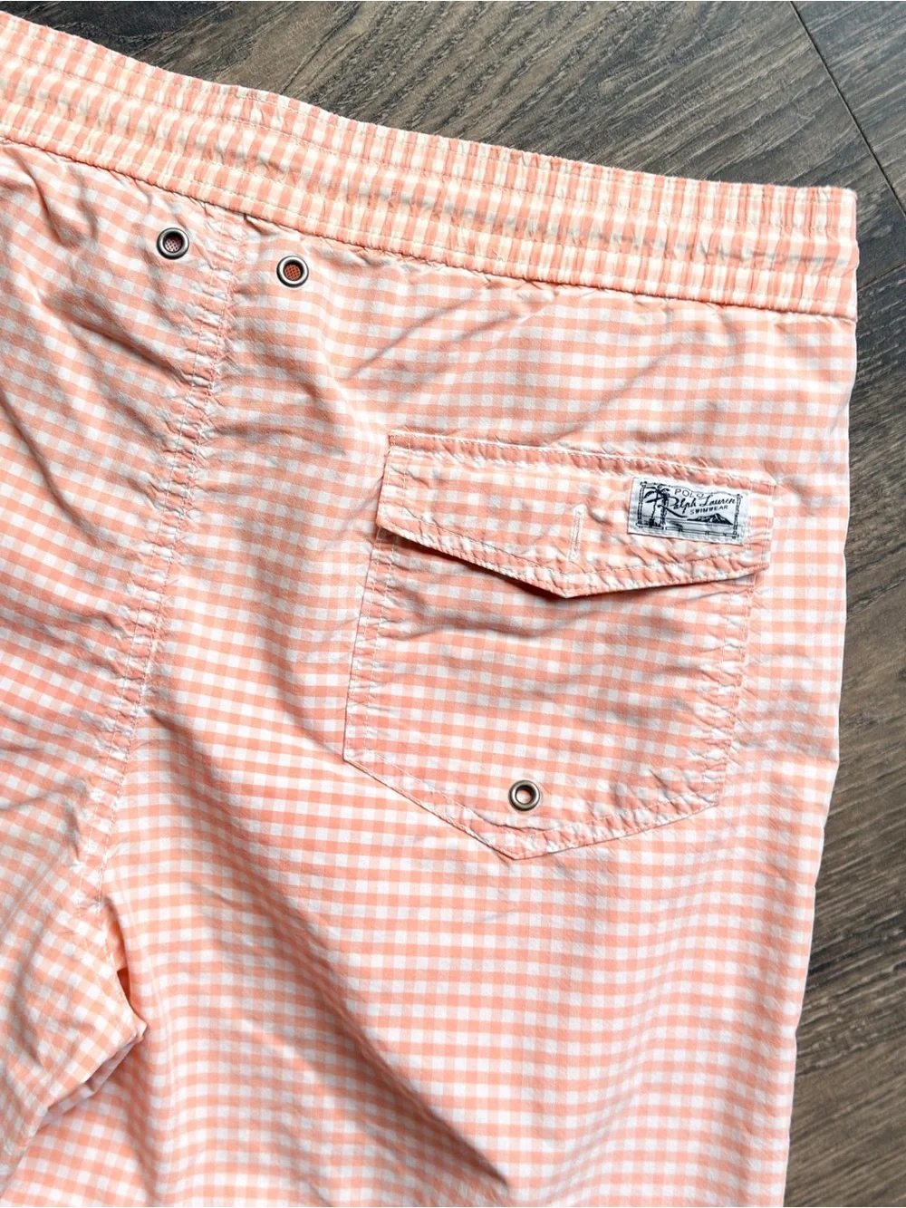 Polo Ralph Lauren Men’s Small Swim Trunks Peach Gingham Check Drawstring Shorts